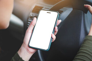 woman holding a white touch screen smartphone Call an insurance company or a mechanic for help. Because she was in an accident or the car engine broke down. Car insurance, communication technology