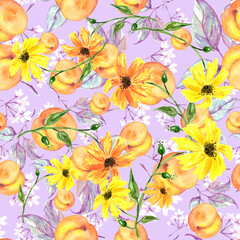 Seamless watercolor pattern with a floral pattern of leaves, berries, plants and fruit peach.
Peach, apricot pattern with tropic fruits, leaves, flowers background. Chamomile flower, calendula.
