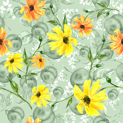 Seamless watercolor pattern with a floral pattern of leaves, berries, plants and fruit peach.
Peach, apricot pattern with tropic fruits, leaves, flowers background. Chamomile flower, calendula.