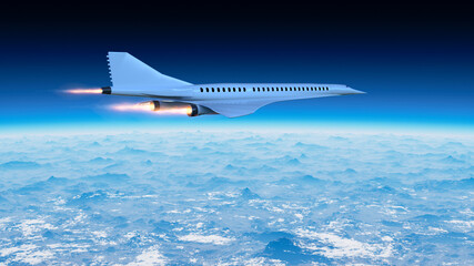 Supersonic flight, the plane to travel faster than ever. Unlike other commercial flights, it has double the speed. 3d render - obrazy, fototapety, plakaty