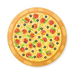 Pizza with cheese, pepperoni, olives, greens, arugula with isolated on white. Vector illustration for postcard greeting card, banner, advertising, menu, articles.