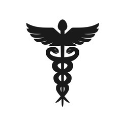 Caduceus medical symbol isolated on white background. Caduceus medical icon silhouette with two snakes and wings. Vector stock