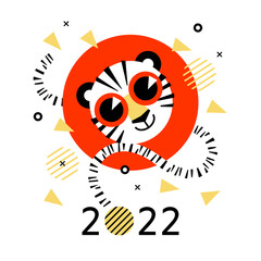 2022 New Year card template with tiger. Chinese New Year. White Tiger. 2022. Concept. Template design for invitation, banner, greeting card, cover. Creative geometric vector. Red, gold, black, white.