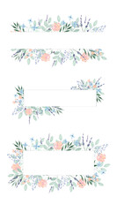 A set of three narrow floral frames. hand drawn watercolor.