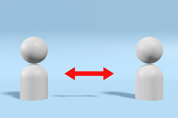 Two gray human figures with arrow symbol of social distance, on a soft blue background 3d rendering illustration