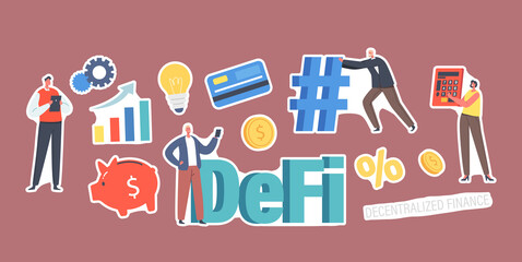 Set of Stickers DeFi, Decentralized Finance Theme. Grow Data Chart, Light Bulb, Piggy Bank and Percent, Tiny Businessmen
