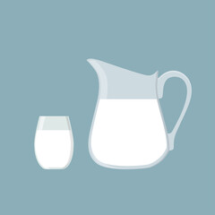 Jug of milk and glass of milk. Vector illustration isolated on blue background