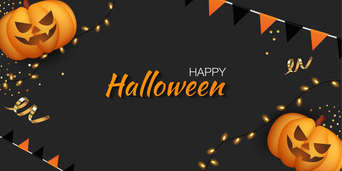 Happy Halloween. Composition with pumpkins, balloons and bats, holiday decorations. Realistic vector illustration.