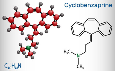 Cyclobenzaprine, molecule. It is centrally-acting muscle relaxant. Structural chemical formula and molecule model