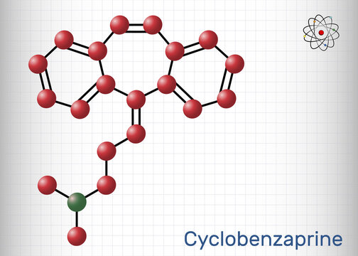 Cyclobenzaprine, molecule. It is centrally-acting muscle relaxant. Structural chemical formula and molecule model. Sheet of paper in a cage