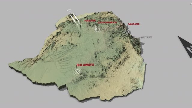 Seamless looping animation of the 3d terrain map of Zimbabwe with the capital and the biggest cites in 4K resolution