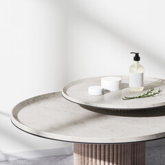 mock up cosmetic containers with blank labels on marble table on bright  interior background, blank cosmetic packaging mockup, dispensers and jars, 3d rendering