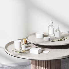 mock up cosmetic containers with blank labels on marble table on bright  interior background, blank cosmetic packaging mockup, Tubes, dispensers and jars, 3d rendering