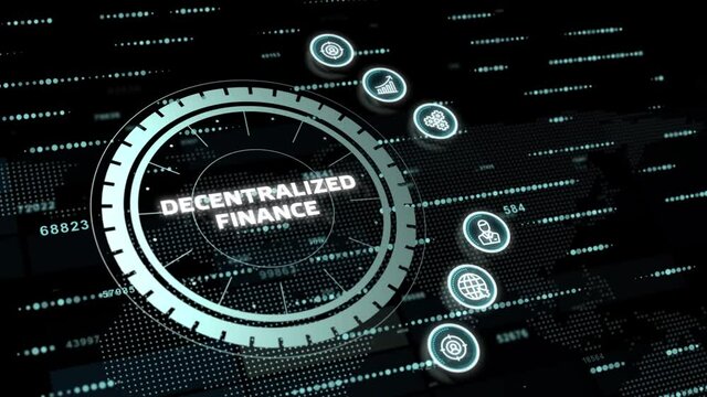 DeFi -Decentralized Finance on dark blue abstract polygonal background. Concept of blockchain, decentralized financial system