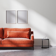 poster frames mock up with red sofa, black coffee table with white empty wall with sun rays, raw concrete floor, scandinavian minimalistic style, 3d rendering
