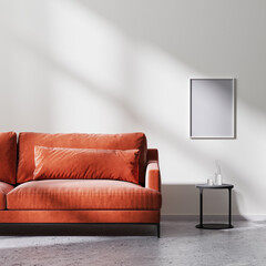 poster frame mock up with red sofa, black coffee table with white empty wall with sun rays, raw concrete floor, scandinavian minimalistic style, 3d rendering
