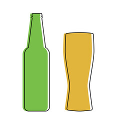Beer bottle and glass in minimalist style. Beer and pub, bar symbol. Flat design line art. Isolated vector illustration.