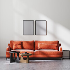 mock up poster frames in modern living room interior with red sofa and wooden coffee tables, white wall and raw concrete floor, scandinavian minimalistic style, 3d rendering