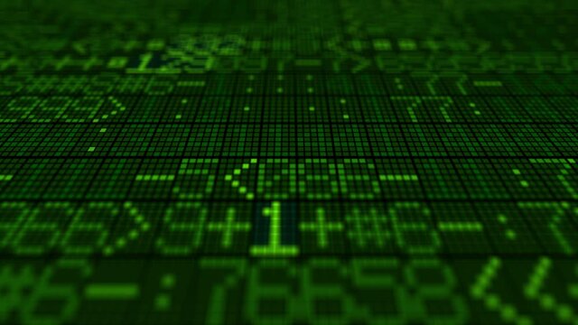 Digital hexadecimal wall of data scrolling with depth of field