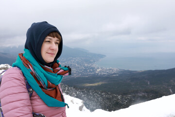 Fototapeta na wymiar Woman on observation deck of Ai-Petri mountain peak