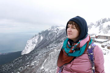 Fototapeta na wymiar Woman posing on observation deck of Ai-Petri mountain peak