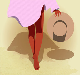 Digital illustration of a girl in summer on vacation walks along the beach on the sand with a hat in her hand