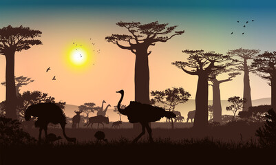 Fototapeta na wymiar African landscape. Grass, trees, birds, animals silhouettes. Abstract nature background.