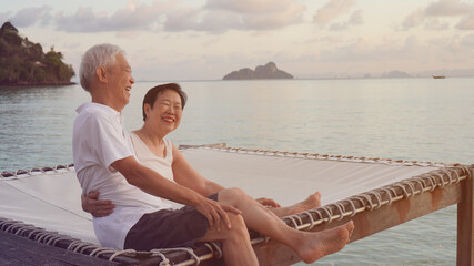 asian, senior, couple, happy, beach, sea, morning, love, pensioner