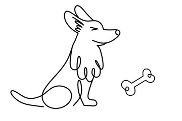 One line drawing of a cute dog for the logo. Purebred dog mascot concept for a purebred friendly pet badge. Modern continuous single-line hand-drawn graphic illustration. Dog with a bone in line art.