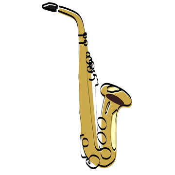 The saxophone is a musical instrument. Color vector illustration of flat line style. White insulated style.