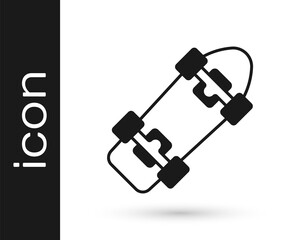 Black Skateboard icon isolated on white background. Extreme sport. Sport equipment. Vector