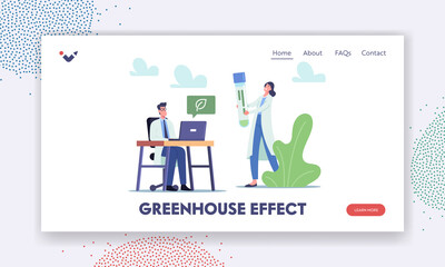Greenhouse Effect Landing Page Template. Scientists Characters Learning Carbon Footprint as Climate Change Reason