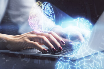 Double exposure of woman hands typing on computer and man in AR glasses drawing. Education concept.