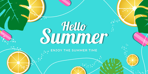 Beautiful Colorful Summer background layout banners design. With lemon slice, ice cream and tropical leaf. Horizontal poster, greeting card, header for website. vector illustration