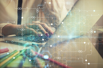 Multi exposure of woman hands working on computer and data theme hologram drawing. Tech concept.