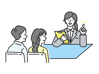 夫婦の将来設計のイラスト(見積もり、投資、交渉、売込、積立、税金、お買い得、営業、プレゼン、契約、プラン、セールス) Couple future design illustrations (estimate, investment, negotiation, sales, accruals, taxes, deals, sales, presentations, contracts, plans)