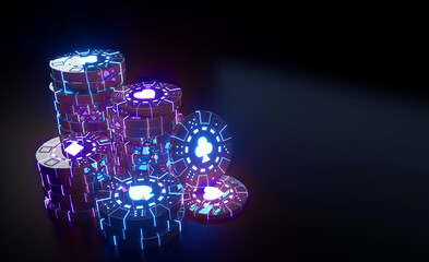 Casino Chips Concept With Modern Futuristic Purple And Blue Neon Lights - Isolated On The Black Background - 3D Illustration