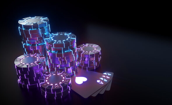 Casino Chips And Four Aces Concept With Modern Futuristic Purple And Blue Neon Lights - Isolated On The Black Background - 3D Illustration	