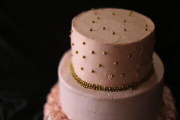 Pink cake, Sweet cake with floral decor on table against color background, happy birthday, wedding cake