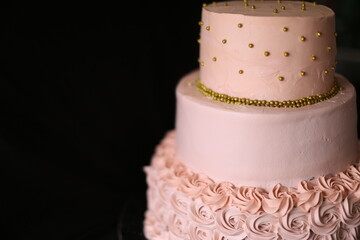 Pink cake, Sweet cake with floral decor on table against color background, happy birthday, wedding cake