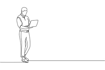Continuous one line of handsome man with laptop in silhouette. Linear stylized.Minimalist. Businessman