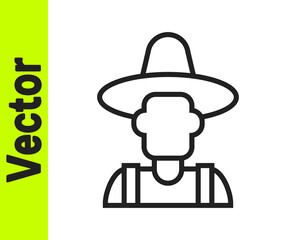 Black line Farmer in the hat icon isolated on white background. Vector
