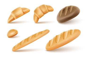 Bread icons set of Long french loaf, brown rye bread, long baguette, bun, croissants for breakfast. Isolated on white transparent background. Vector illustration.