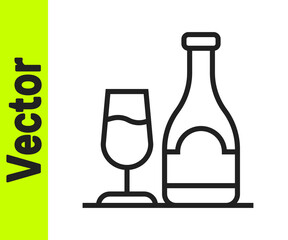 Black line Wine bottle with glass icon isolated on white background. Vector