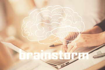 Double exposure of woman hands typing on computer and creative drawing. Start up concept.