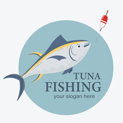 Commercial fish species. Illustration of Tuna. Fishing logo and emblem.