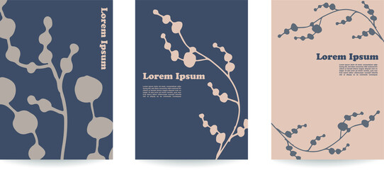A set of 3 hand-drawn vector leaves backgrounds in beige colors. Mid-century style, natural herbs, organic drawing. Ideal for beauty and cosmetics brands. Flat lay posters.