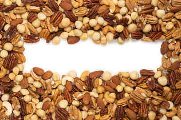 Mix of nuts isolated on white background. Top view.