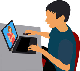 Fototapeta na wymiar Virtual, niño estudiando desde su casa, home office. fondo transparente