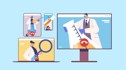 mix race researchers discussing during video call scientists making chemical experiments molecular engineering